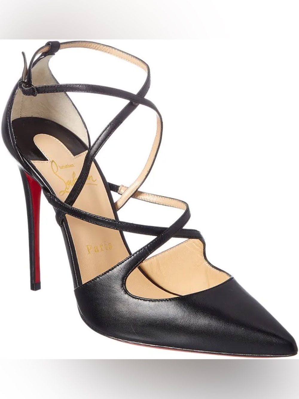 Christian Louboutin Black Strappy Pointed-Toe Satin Pump